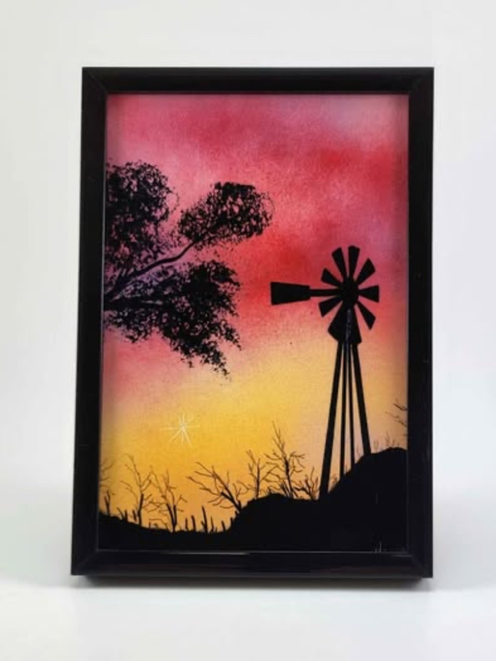Framed Windmill Sunset Art 4x6 Archival Print Black Frame